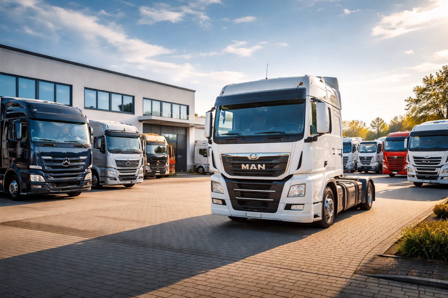 Mehrere gebrauchte Lkw auf einem Gelände in Baden-Württemberg beim Ankauf
