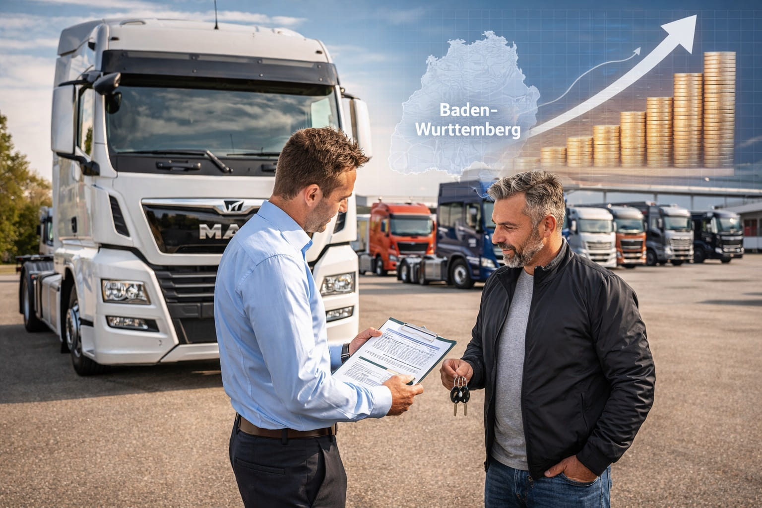 Zwei Männer beim Verkauf eines gebrauchten Lkw auf einem Händlergelände in Baden-Württemberg