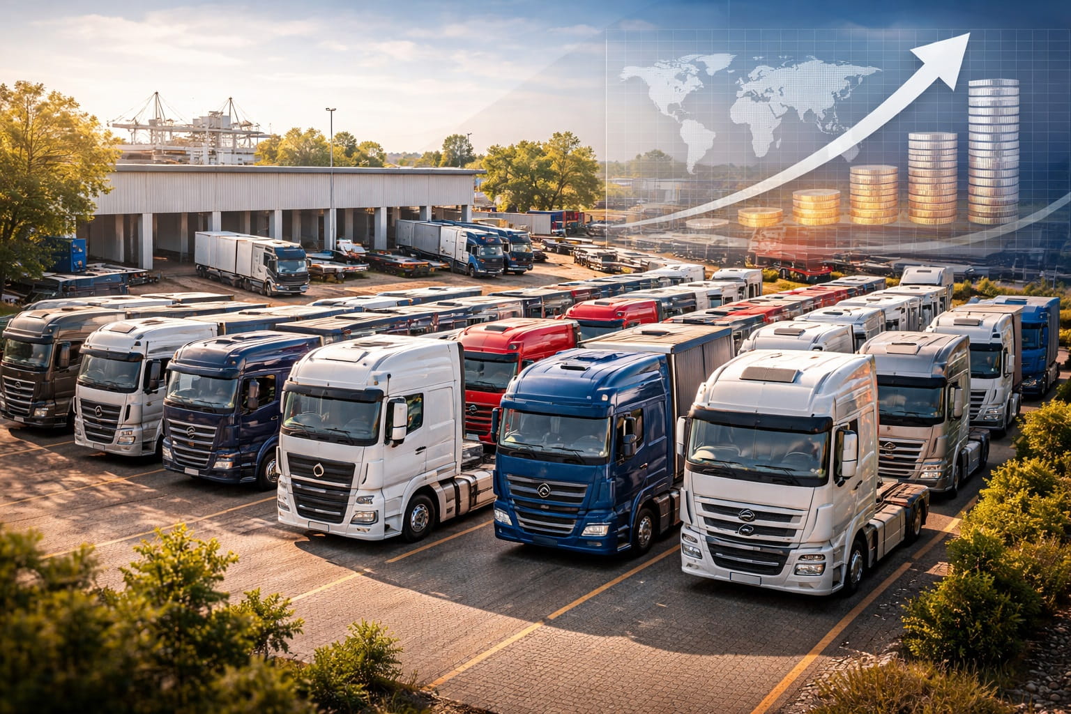Großes Lkw-Gelände mit zahlreichen gebrauchten Nutzfahrzeugen und wachsender Nachfrage im Nutzfahrzeugmarkt