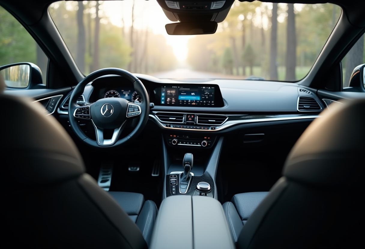 Innenraum eines modernen Autos mit hochwertiger Ausstattung wie Navigationssystem und Ledersitzen