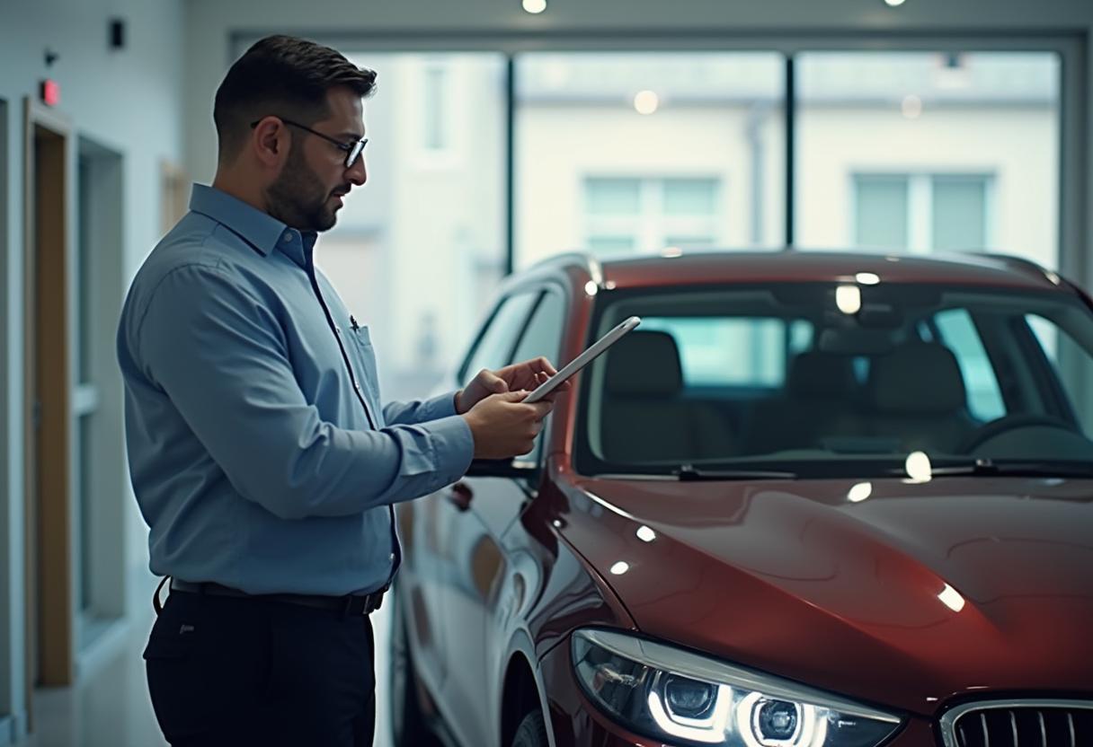 Experte prüft Zustand und Wert eines Gebrauchtwagens mit Tablet
