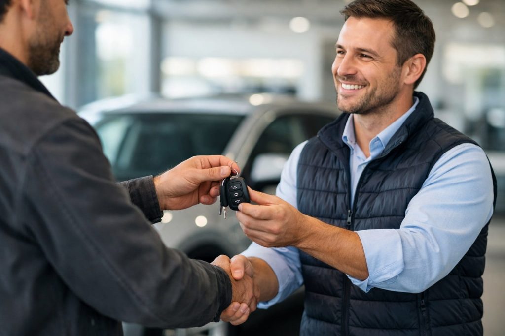 Kunde übergibt Autoschlüssel beim Gebrauchtwagen Ankauf an seriösen Händler