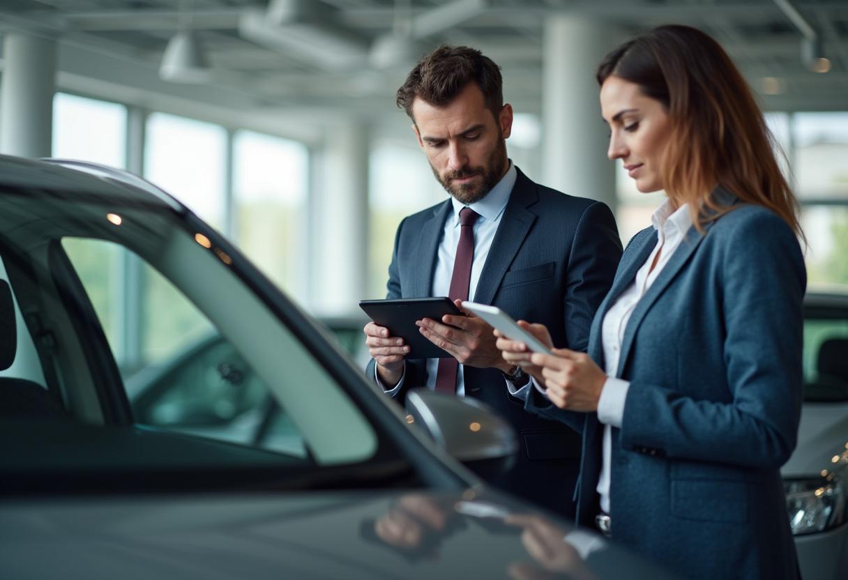 Experte bewertet Gebrauchtwagen mit Tablet und prüft Zustand für Ankauf