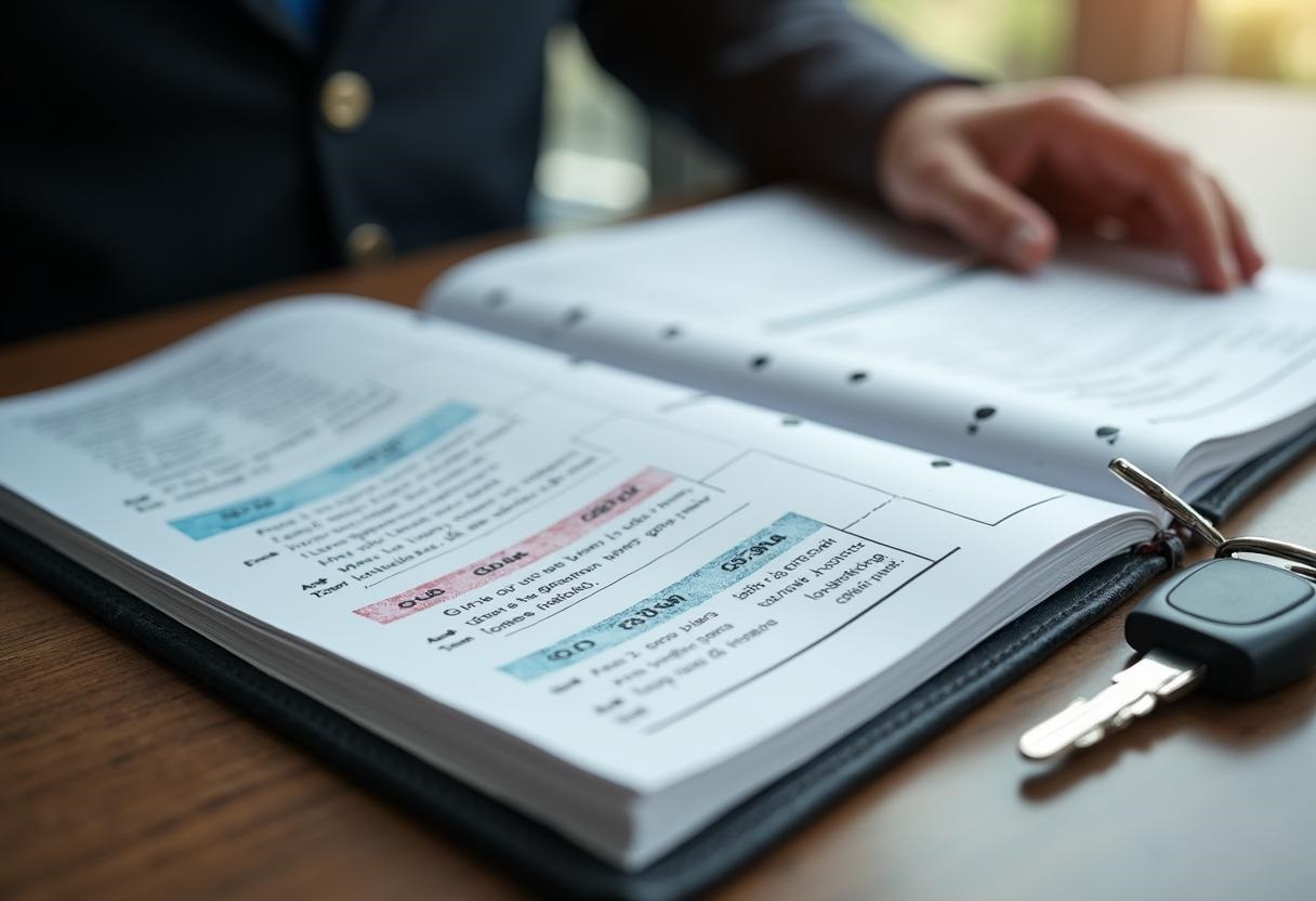 Serviceheft eines Autos mit Wartungseinträgen und Stempeln neben Autoschlüssel