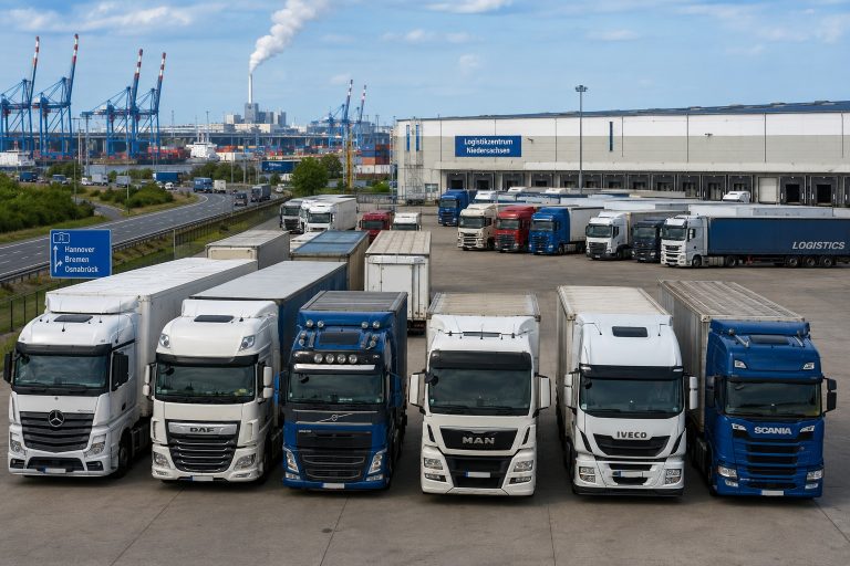 Gebrauchte Lkw auf einem Logistikplatz in Niedersachsen als Symbol für Lkw Ankauf und Nutzfahrzeugpreise