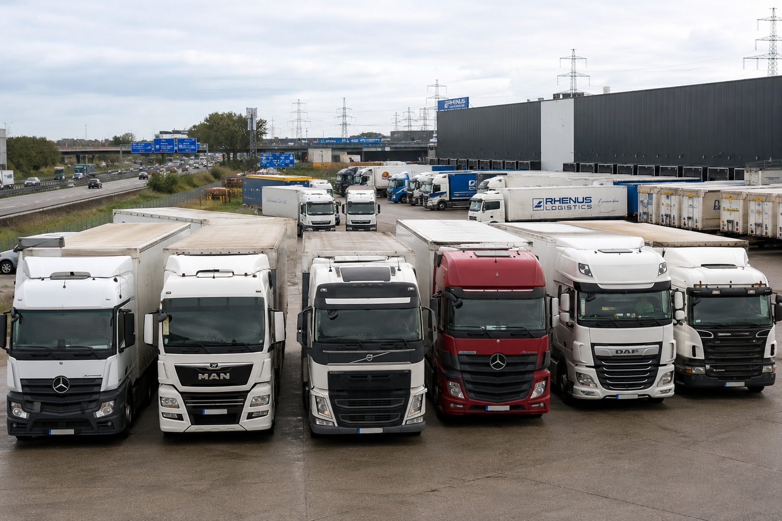 Gebrauchte Lkw auf einem Logistikplatz in Nordrhein-Westfalen als Symbol für Lkw Ankauf NRW und Nutzfahrzeugpreise