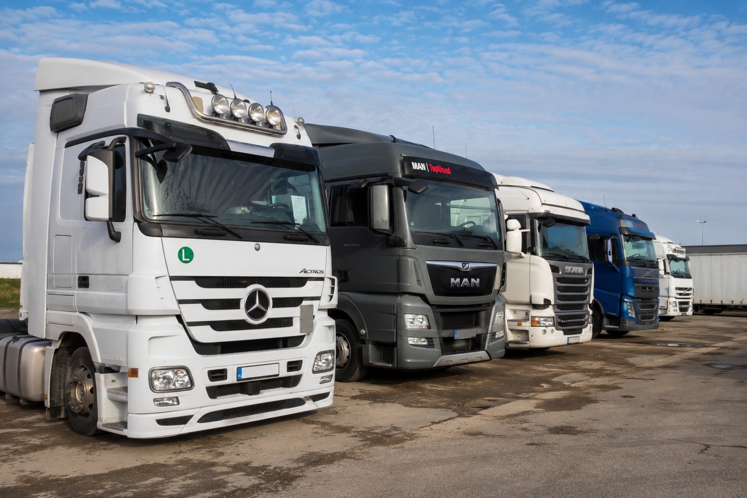 Gebrauchte Sattelzugmaschinen auf einem Logistikplatz vor dem Verkauf