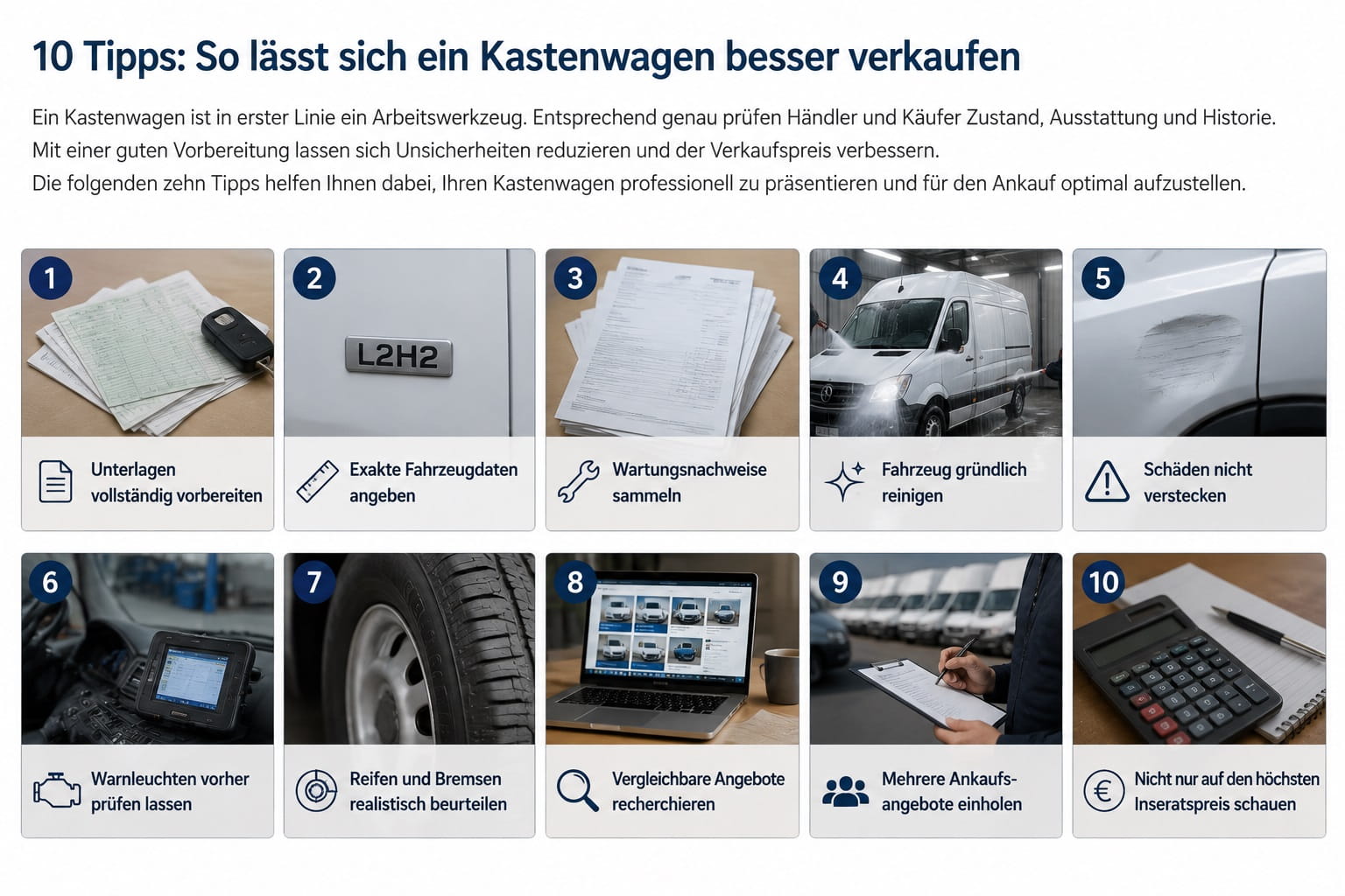 10 Tipps: So lässt sich ein Kastenwagen besser verkaufen 10 Tipps zum Kastenwagen verkaufen – von Fahrzeugunterlagen und Wartung bis Preisvergleich und Händlerangebot