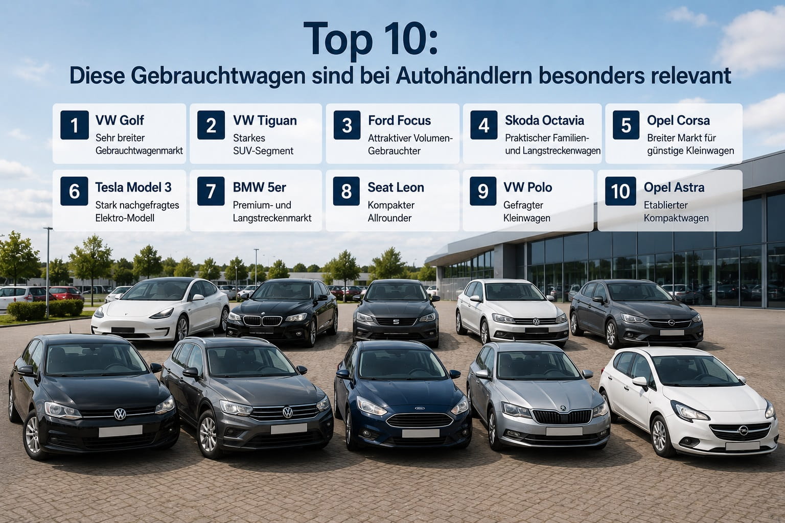 Top 10 Gebrauchtwagen: Diese Modelle sind bei Autohändlern besonders relevant Top 10 gefragte Gebrauchtwagen bei Autohändlern mit VW Golf, VW Tiguan, Ford Focus und weiteren beliebten Modellen