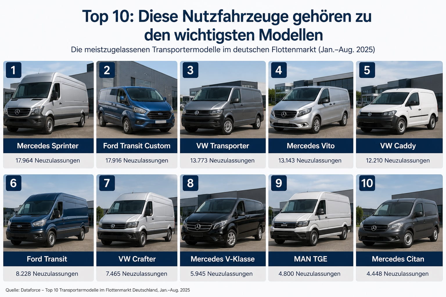 Top 10 Nutzfahrzeuge: Die wichtigsten Transporter-Modelle in Deutschland Top 10 Nutzfahrzeuge in Deutschland mit Mercedes Sprinter, Ford Transit Custom, VW Transporter, Mercedes Vito und weiteren gefragten Modellen